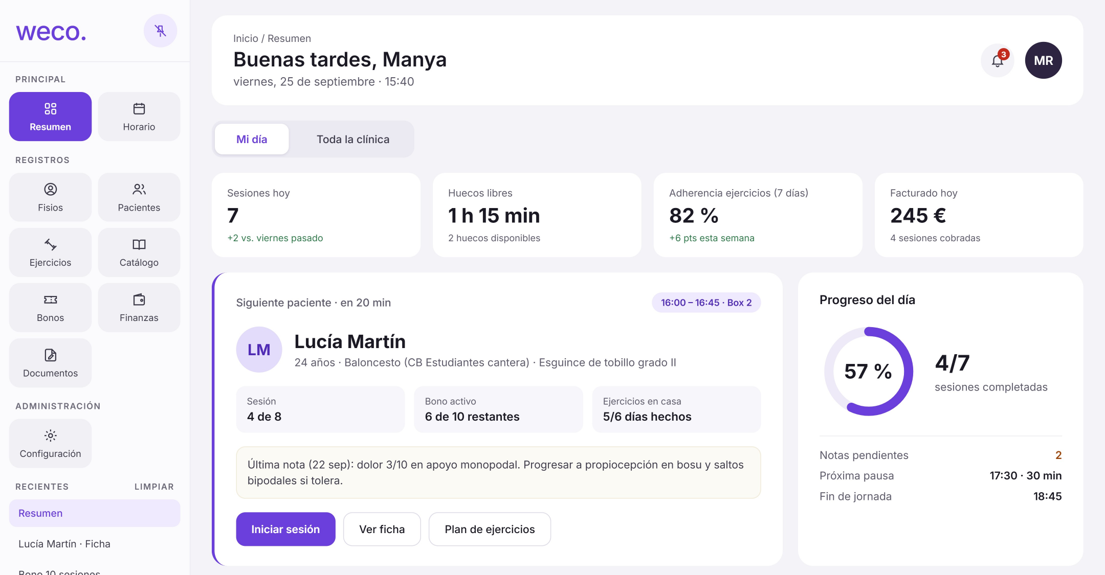 Panel de resumen de Weco